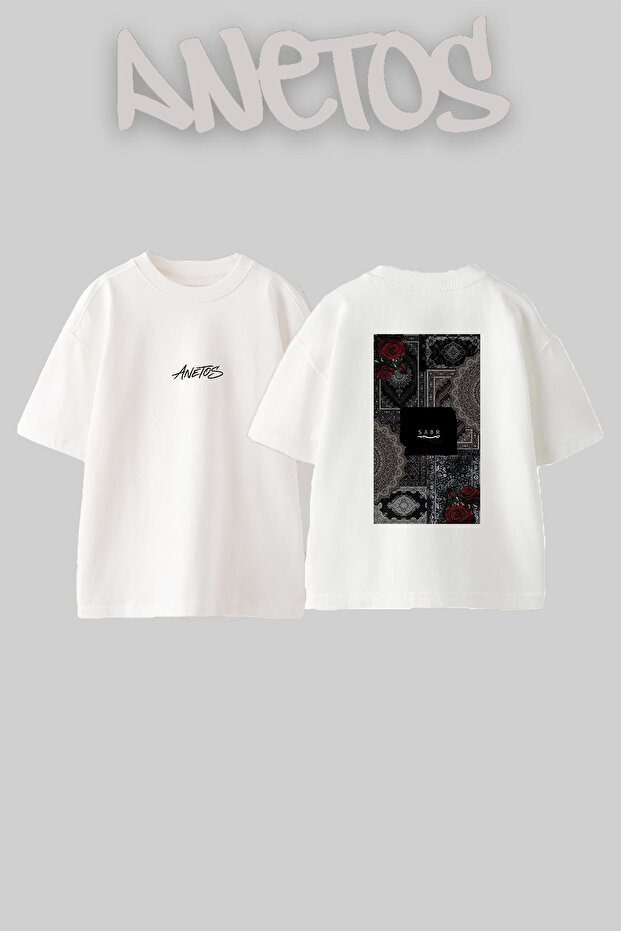 Sabr Oriental Pattern Design Back Printed Cotton White Oversize T-Shirt