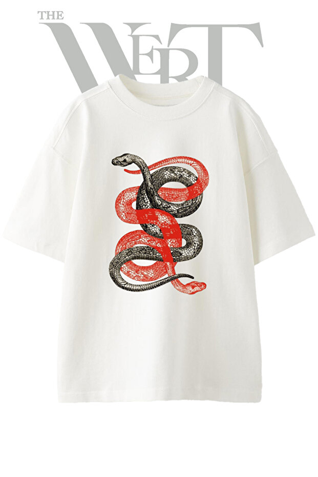 Red Black Snakes Design Printed Unisex White Oversize T-Shirt