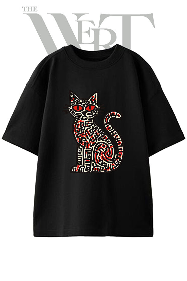 Labyrinth Cat Design Printed Unisex Black Oversize T-Shirt