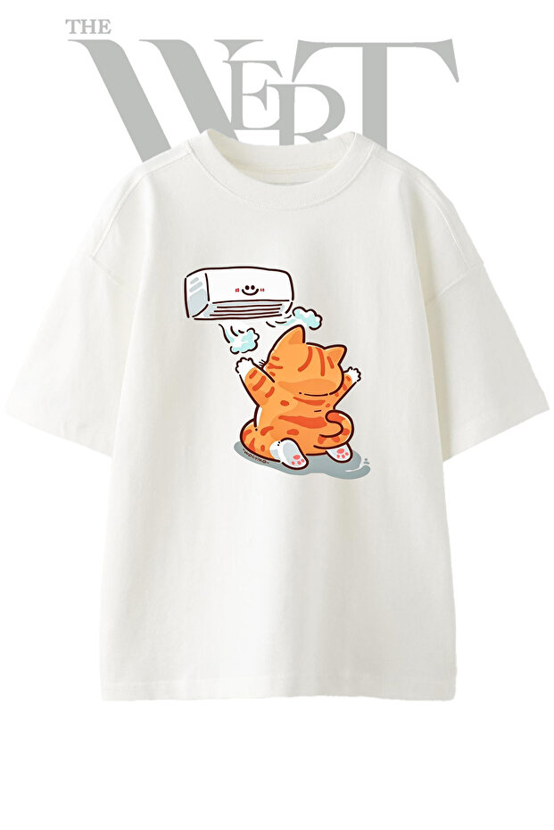 Orange Cat Ac Design Printed Unisex White Oversize T-Shirt