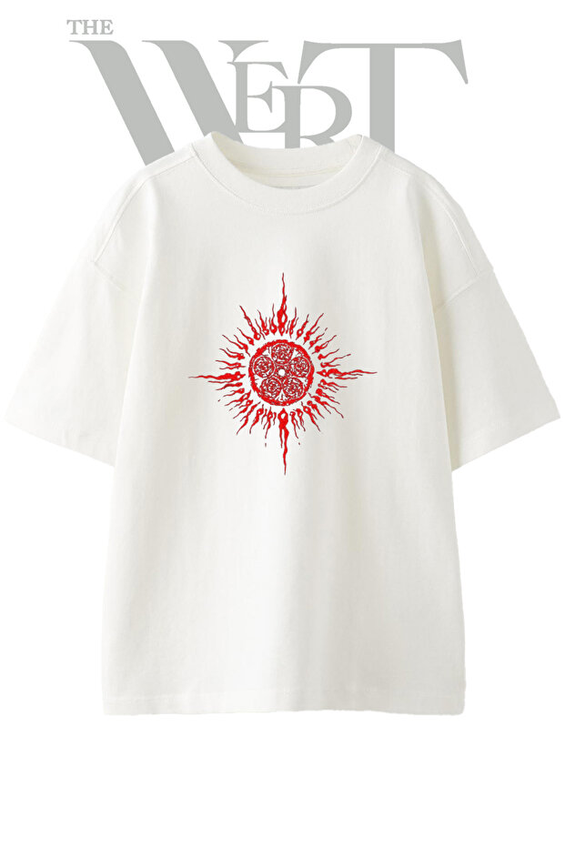 Flame Sun Design Printed Unisex White Oversize T-Shirt