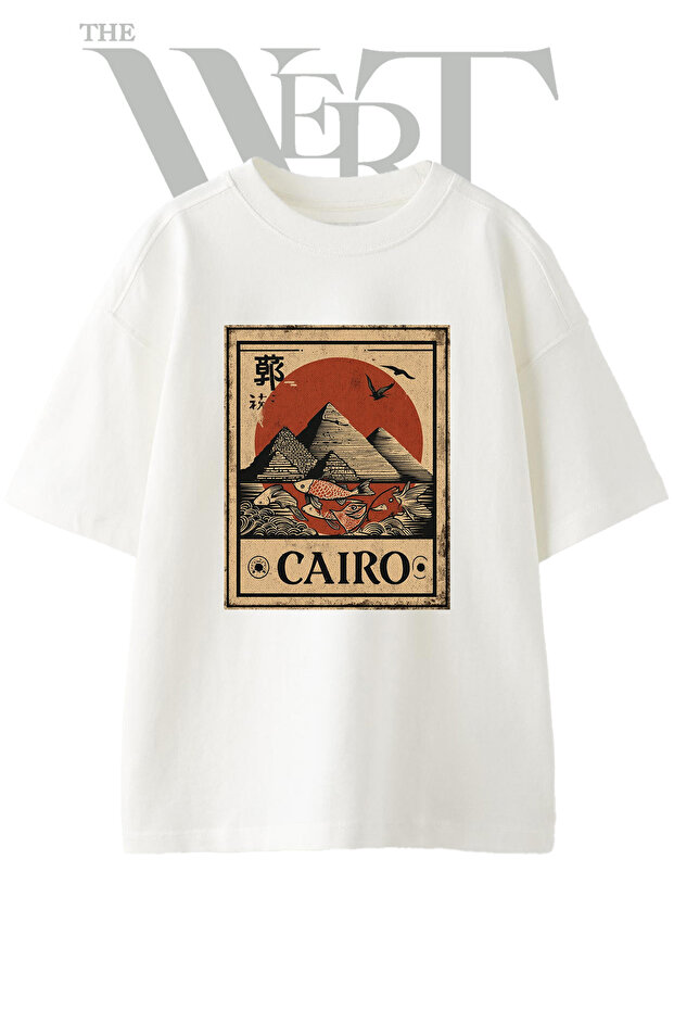Cairo Pyramid Design Printed Unisex White Oversize T-Shirt