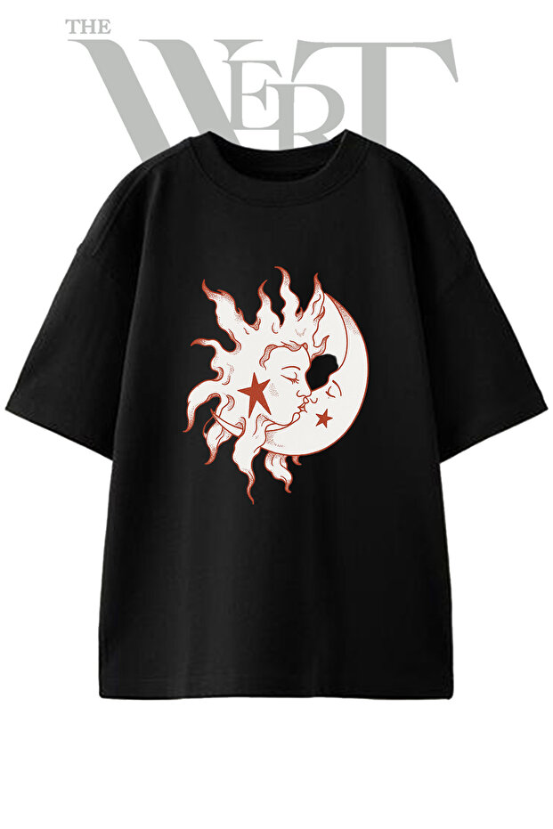 Sun Moon Kiss Design Printed Unisex Black Oversize T-Shirt