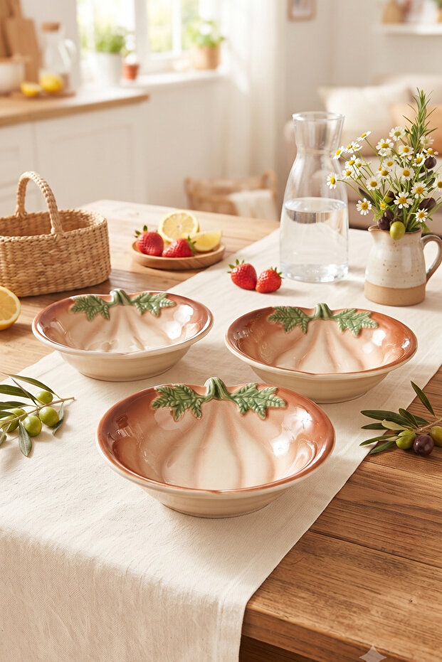 Kase 3-Piece Set Pumpkin Design Leaf Detailed Breakfast Snack Bowl Presentation Plates Brown