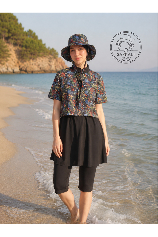 4-Piece Black Floral Hat Quick-Drying Short-Sleeved Semi-Closed Hijab Swimsuit