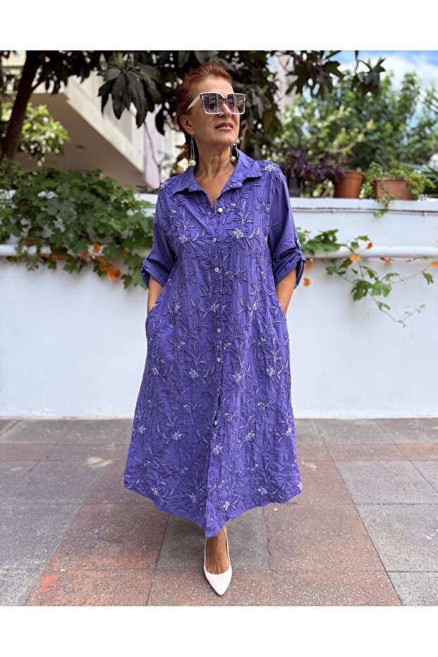 Italian Embossed Embroidered Long Dress Purple