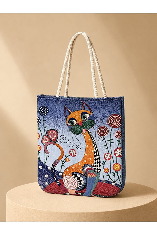 Women's Cat Pattern Woven Shoulder Bag Daily Tote Bag
