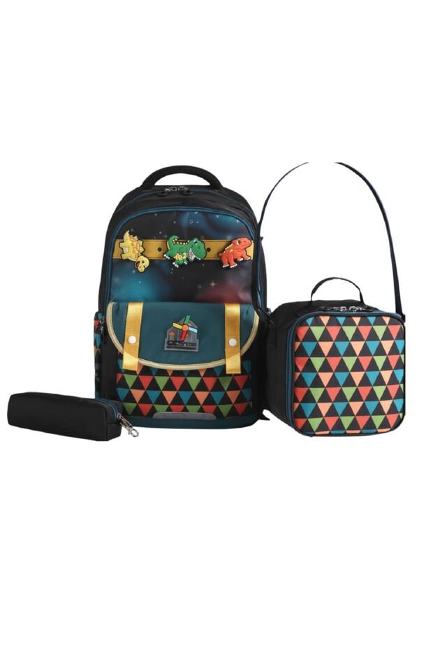 Kids Premium School Bag Set 3-Piece Primary School Middle School Backpack Thermal Lunch Bag Pencil Case Black 51980
