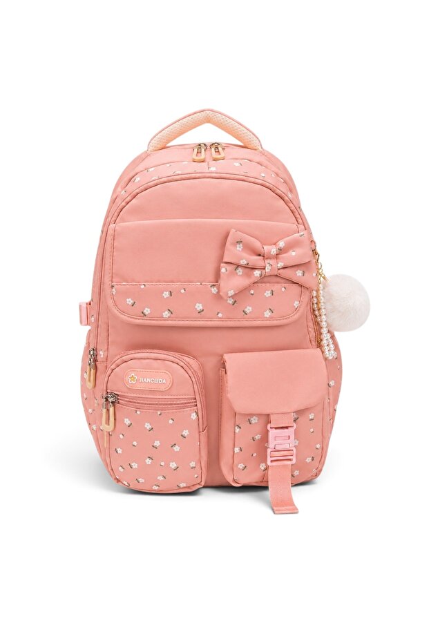 Imported Fabric Orthopedic School Bag with Polka Dot Ribbon and Accessories, Six Compartments and Waist Strap