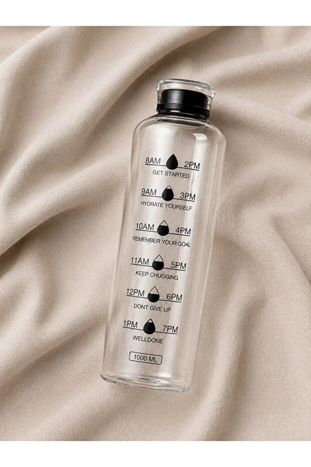 Glass Flask with Black Plastic Lid – Transparent Glass Beverage Bottle 1 L