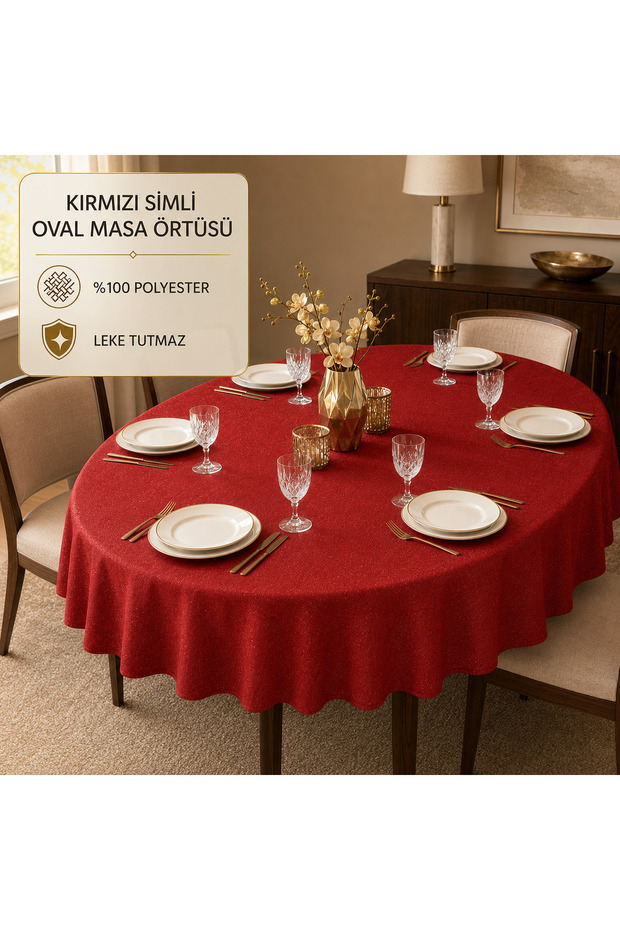 Silvery Red Oval Tablecloth | Handcrafted Sparkling Luxurious Design | Custom Size