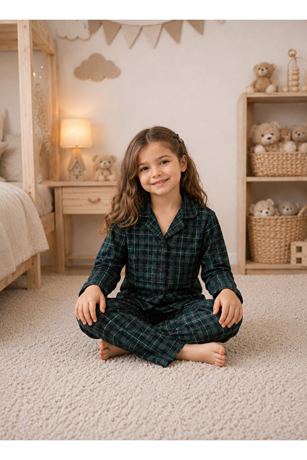 Girl's Cotton Buttoned Suede Long-Sleeved Pajama Set