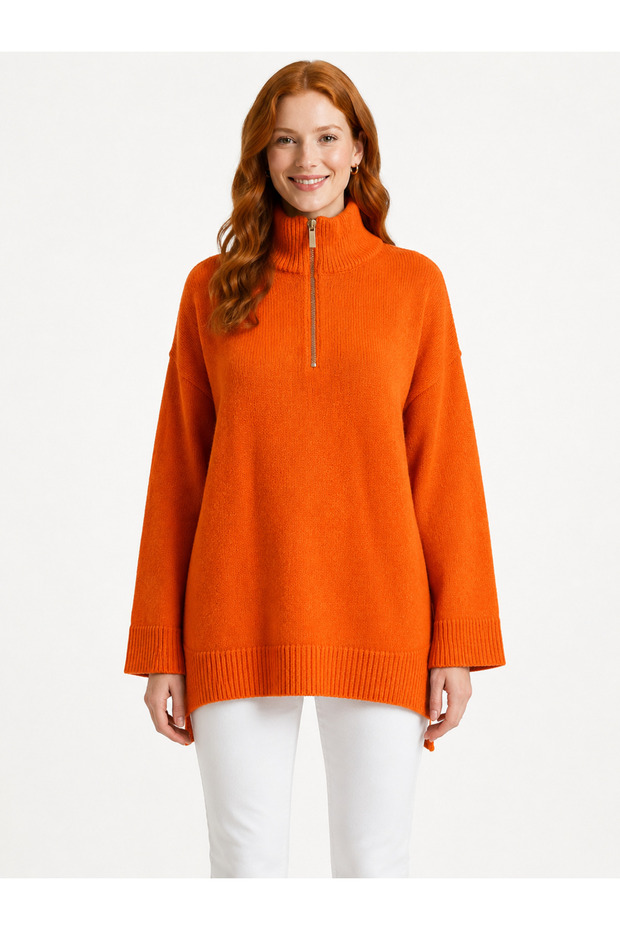 Women's Zippered Knitwear Orange Oversize Sweater