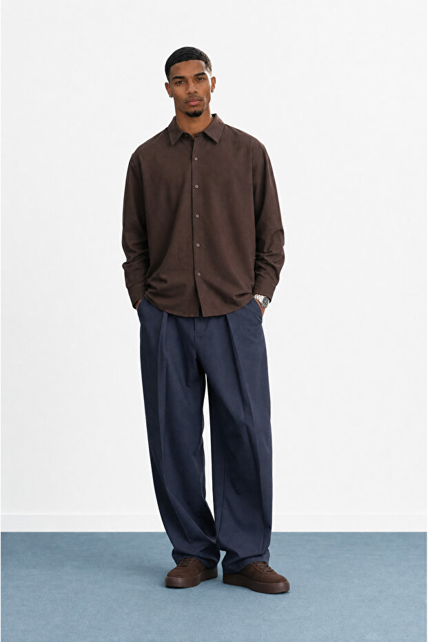 Men's Deep Pleated Fabric Baggy Trousers Navy Blue