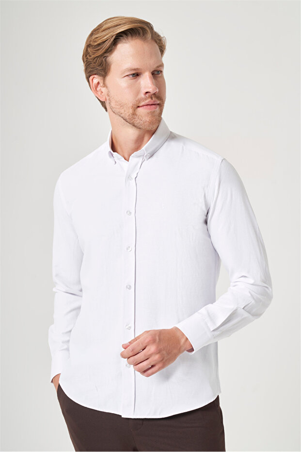 White Buttoned Collar Oxford Slim Fit Cotton Shirt 1004265284
