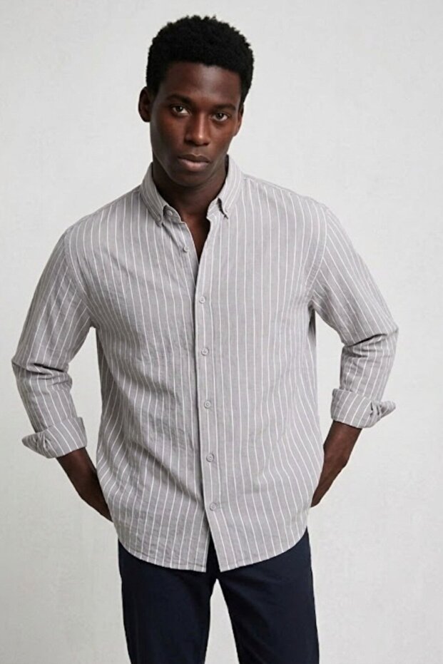 Men's Striped Regular Fit Gray Linen Shirt
