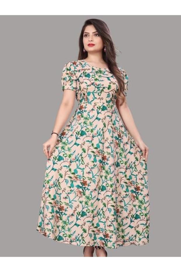 Beige Polycrepe Printed Gown - FFT8090 | Beige-Size:L-40-Inches