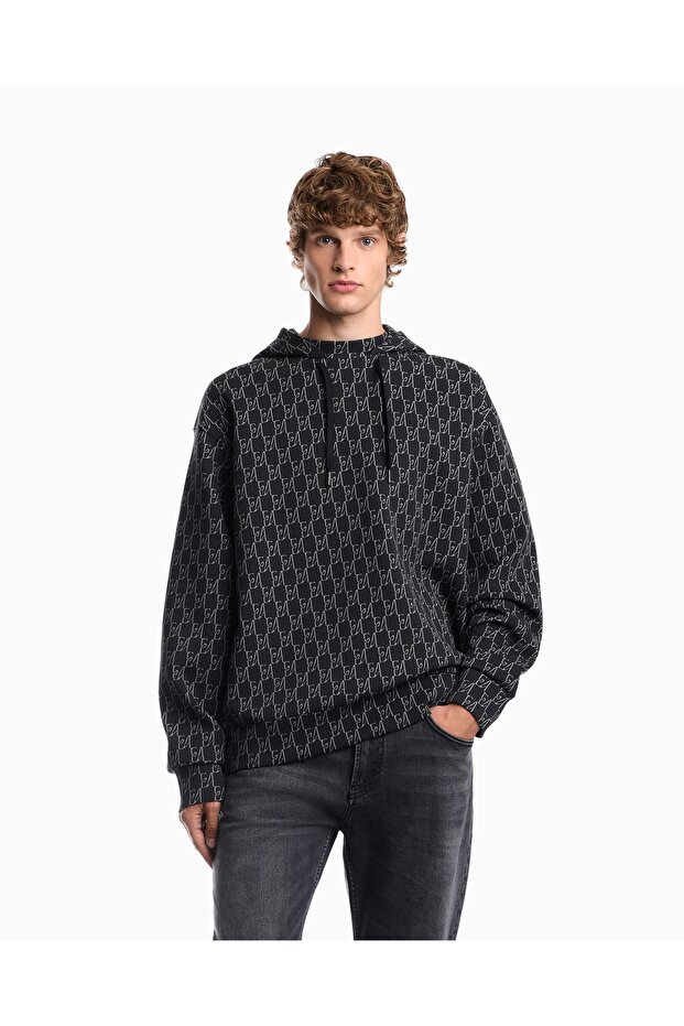 Men's Comfortable Fit Logo Detailed Hooded Long Sleeve Navy Blue Sweatshirt