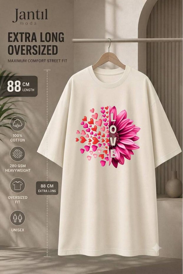 Crew Neck Extra Long Oversize Tunic T-Shirt with Floral and Love Lettering That Turns into a Heart Short Sleeve