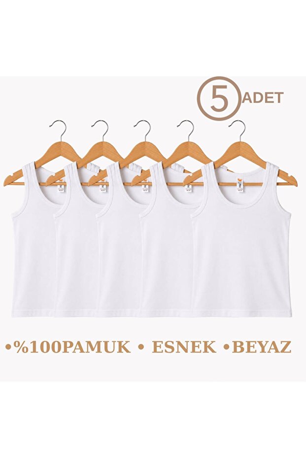Girl's 5-Piece 100% Cotton Thick Strap Undershirt White Soft Textured Breathable Underwear (1-14 Years)