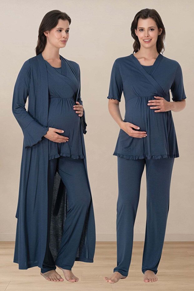 Double-Breasted Detailed Cotton Maternity Pajama Set with Robe