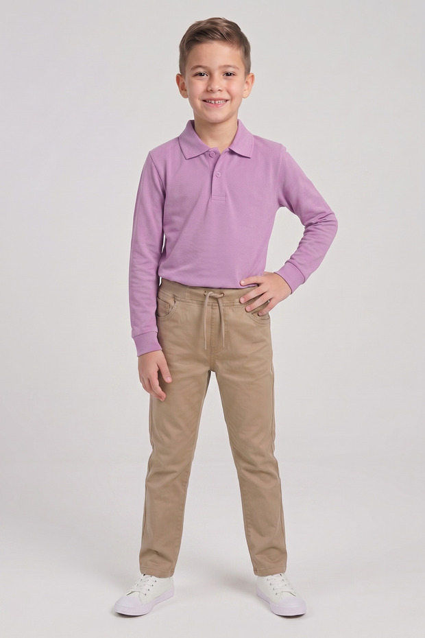 Boy's Lilac Long Sleeve Polo Collar T-Shirt Beige Ribbed Waist Canvas School Pants Bottom - Top Set School Outfit