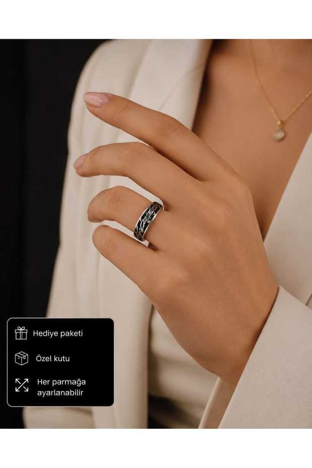 Ataturk Signature Patterned Adjustable Women's Ring – Antique Silver Color, Wide Band, Meaningful and Stylish