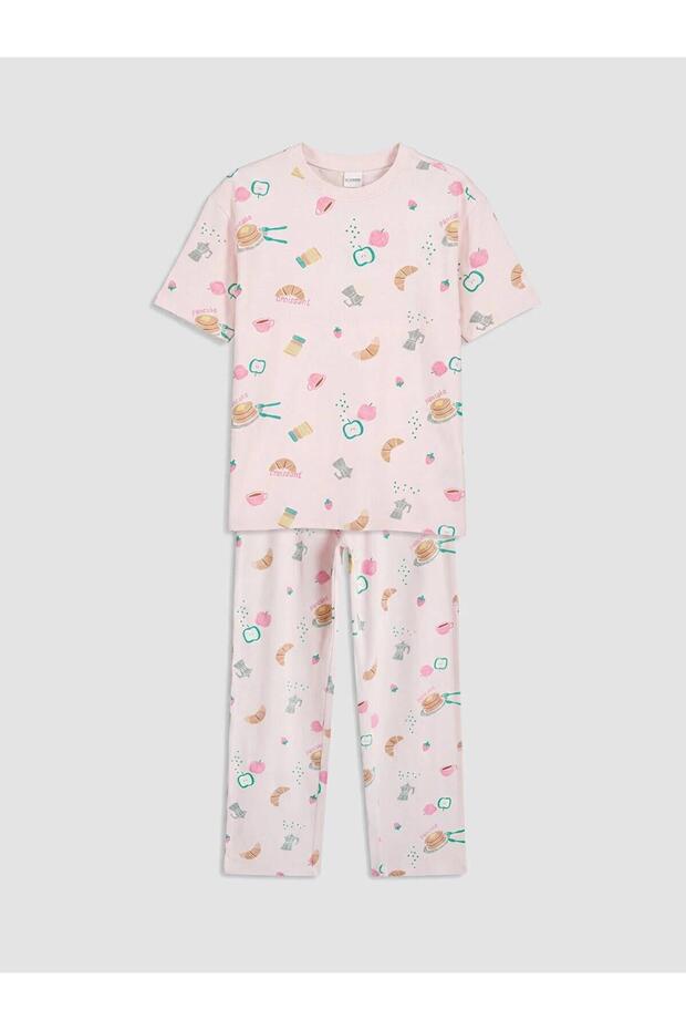 Crew Neck Printed Girls' Pajama Set (W6)