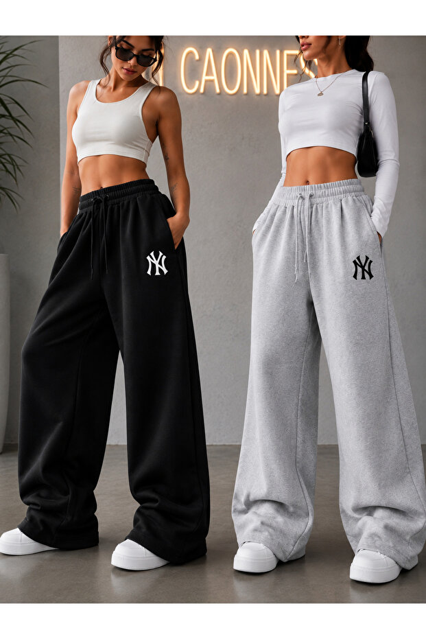 2-Piece Women's Ny Printed Sweatpants (Black-Grey) Oversize Baggy Loose Legs