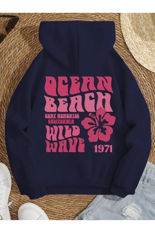 Women's Navy Blue Ocean Beach Printed 3 Thread Hooded Hoodie Sweatshirt