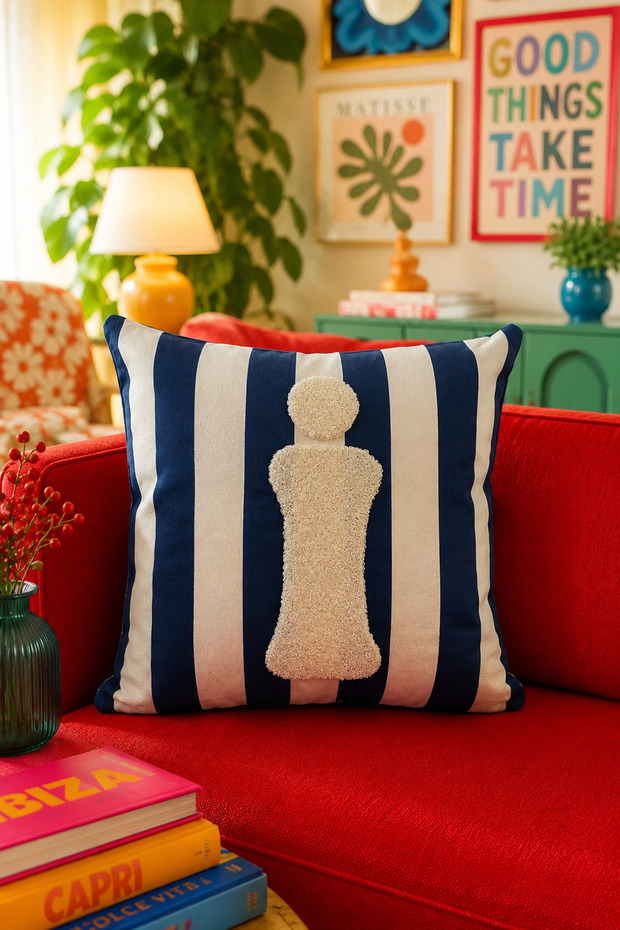 Punch Embroidered Throw Pillow Cover - 43*43 cm - Navy Blue Letter I - Pnk001