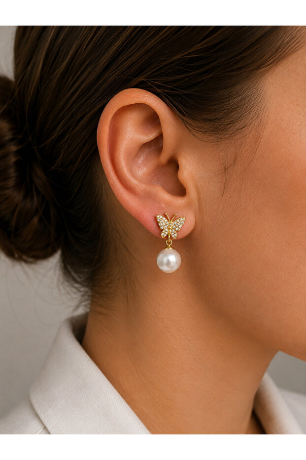 Zircon Stone Butterfly and Pearl Combination Steel Earrings