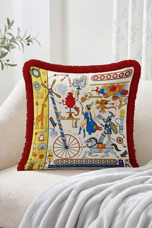 Circus and Fantastic Machines Illustrated Figured Fringed Throw Pillow Cover - Retro Decorative Pillowcase