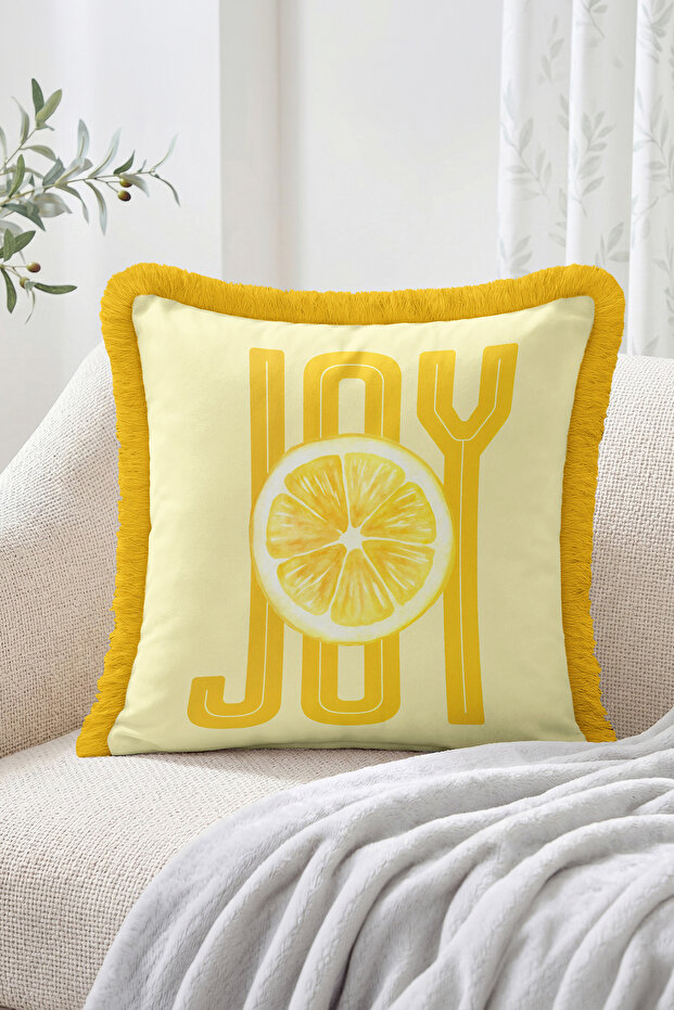 غطاء وسادة مزين بالشراشيب مع تصميم شريحة ليمون مكتوبة من JOY - غطاء وسادة زخرفي عصري