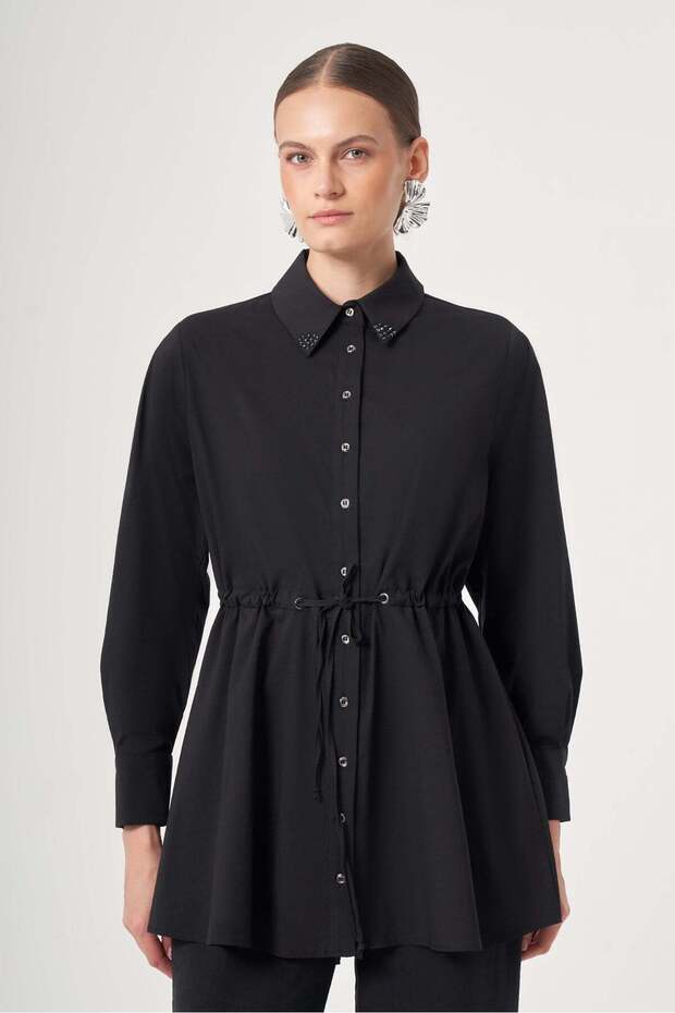 Women's Collared Knitwear Poplin Shirt Black 31444