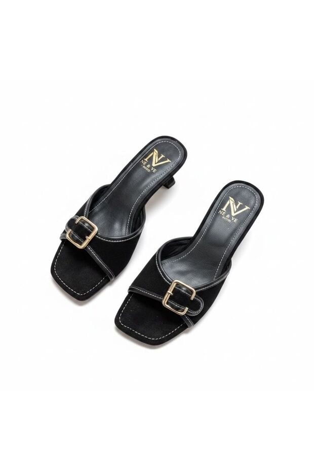 Black Suede Buckle Women's Goblet Heeled Slippers