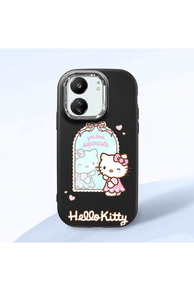 Redmi 13C Compatible Case Camera Protector Black Silicone Couple Phone Case with Kitty Pattern
