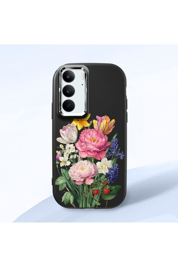 Realme C75 Compatible Case Camera Protector Black Silicone Couple Phone Case with Floral Pattern