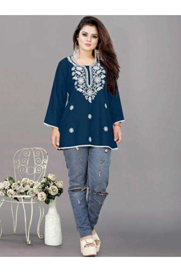 Blue Chikankari Embroidered Rayon Kurti - FFT5840 | Blue-Size:L-40-Inches