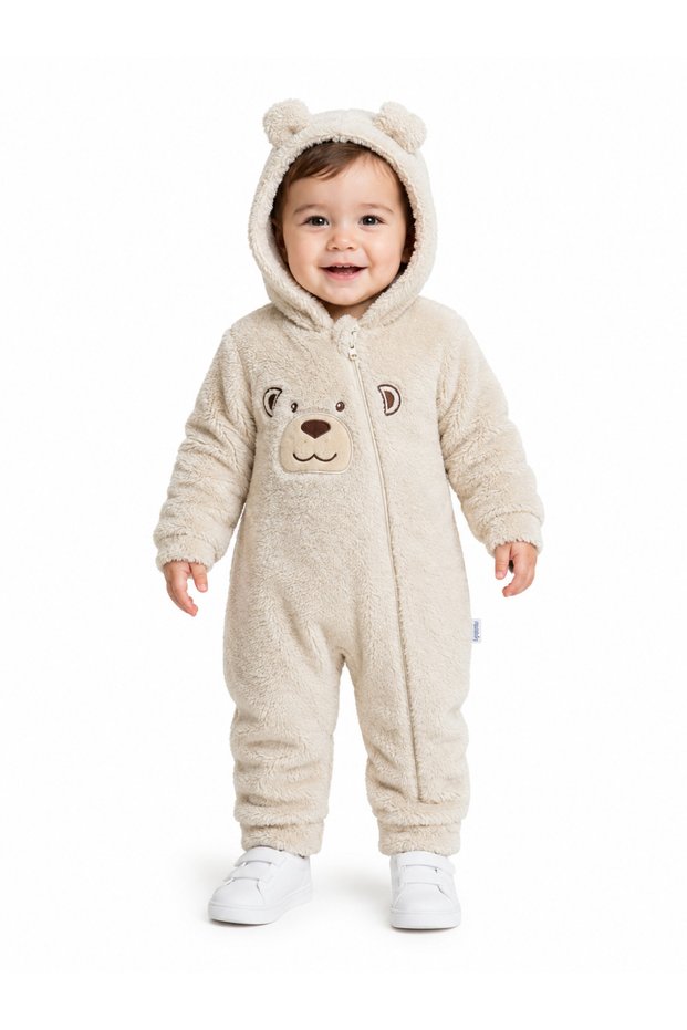 Sweet Teddy Bear Embroidered Welsoft Plush Hooded Zippered Winter Unisex Baby Romper