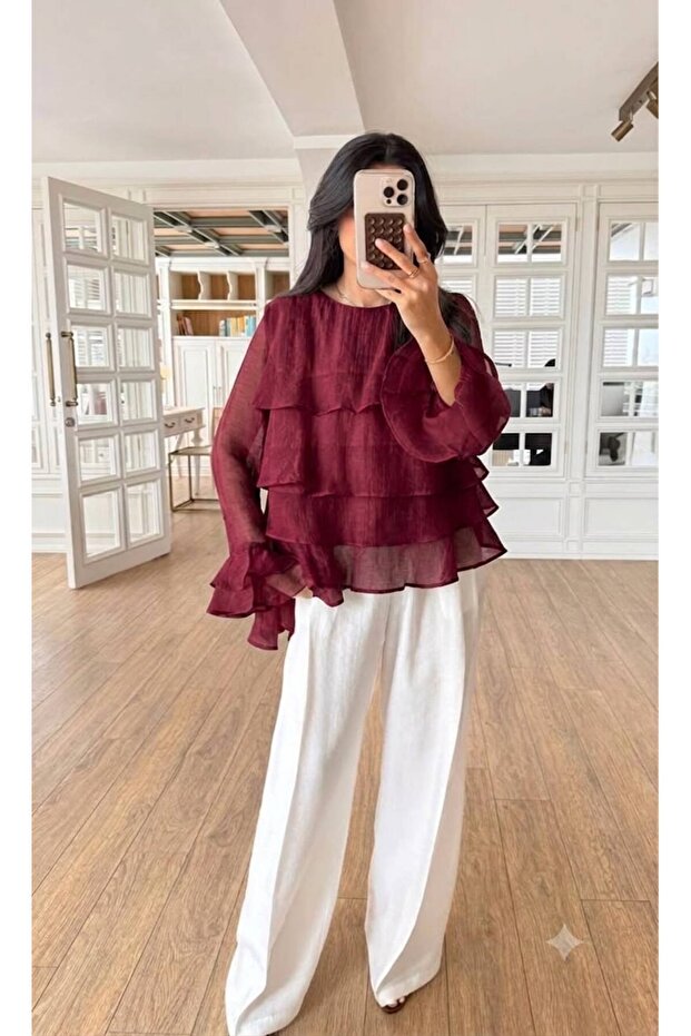 Women's Burgundy Ruffled Asymmetrical Tencel Blouse