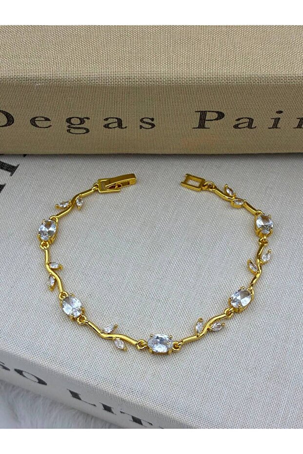 Gold Color Silver Zircon Stone Leaf Detailed Ivy Bracelet Cm137