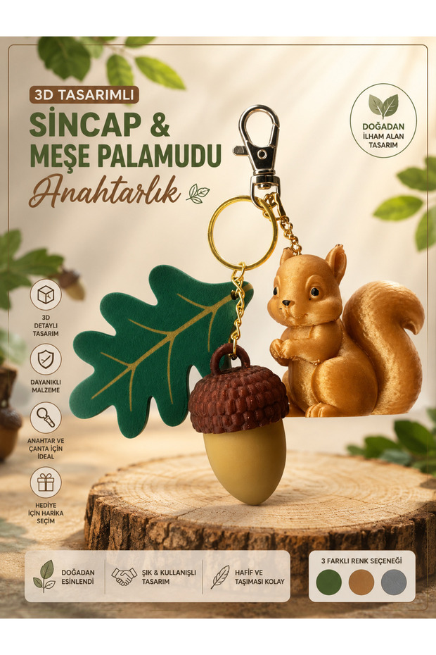 3D Design Squirrel and Acorn Themed Keychain