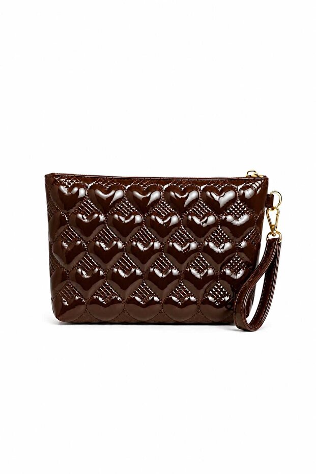 Bitter Brown Patent Leather Heart Patterned Makeup Clutch Handbag Makeup Bag 23X15 cm