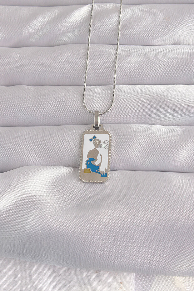 316L Steel Silver Color White Enamel Girl Figure Tarot Pendant