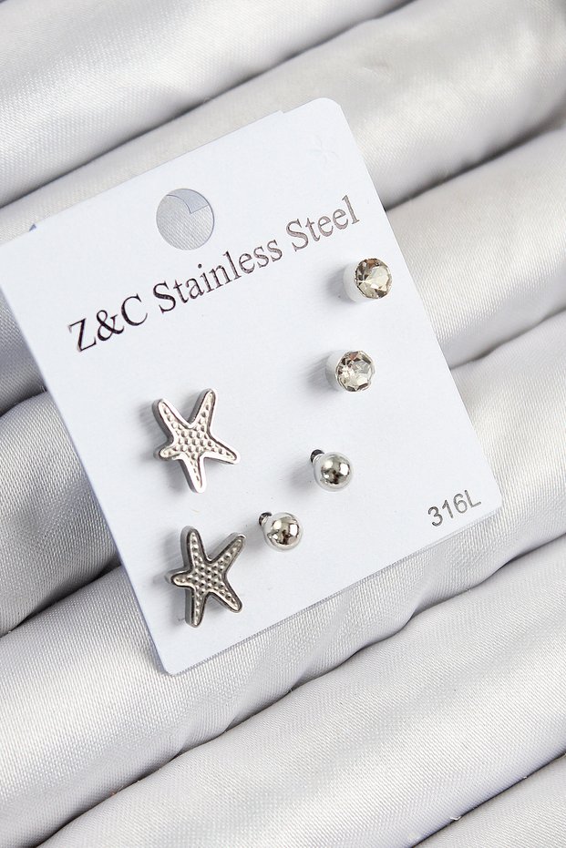 316L Steel Zircon Stone Starfish Model Silver Color Women's Set Earrings