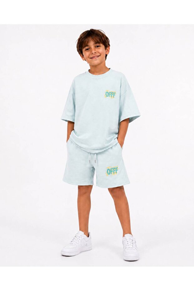 Boy's Oversize Printed Shorts and T-Shirt Set – Soft Fabric with Textured Texture