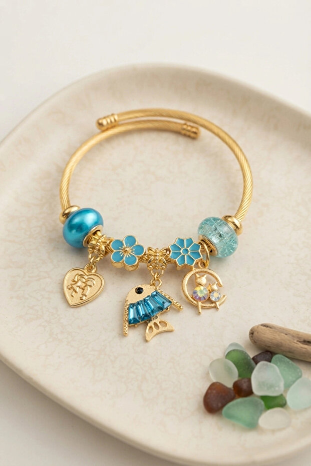 Blue Color Gold Bracelet with Fish Charm