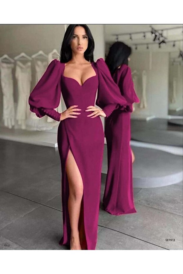 Balloon Sleeves Slit Detail Crepe Stretch Fabric Long Evening Dress Mürdüm 581913