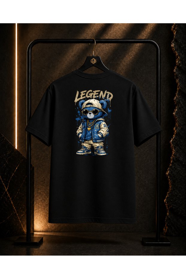 Unisex Legend Bear Back and Front Printed 100% Cotton Oversize Crew Neck Short Sleeve T-Shirt Black